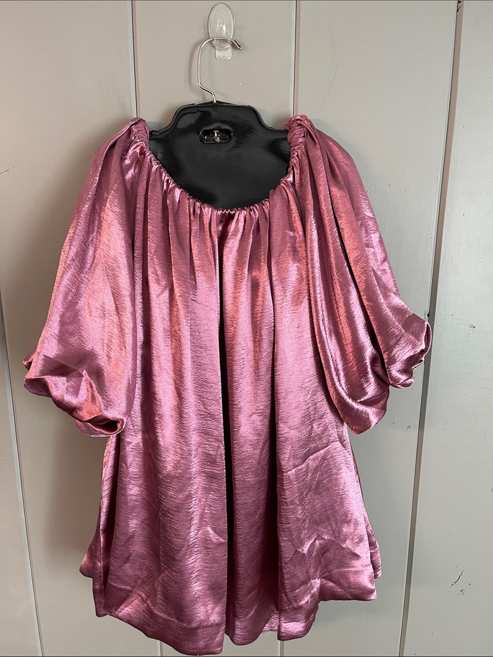 NWT Mare Mare Off Shoulder Puff Sleeve Mini Dress Pink Satin Peasant Romantic
